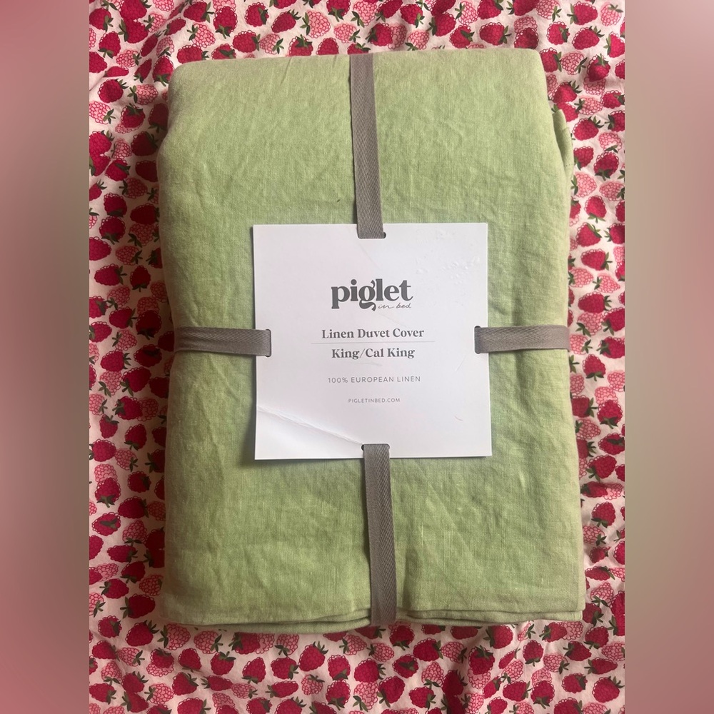 piglet in bed Linen Duvet Cover in sage green